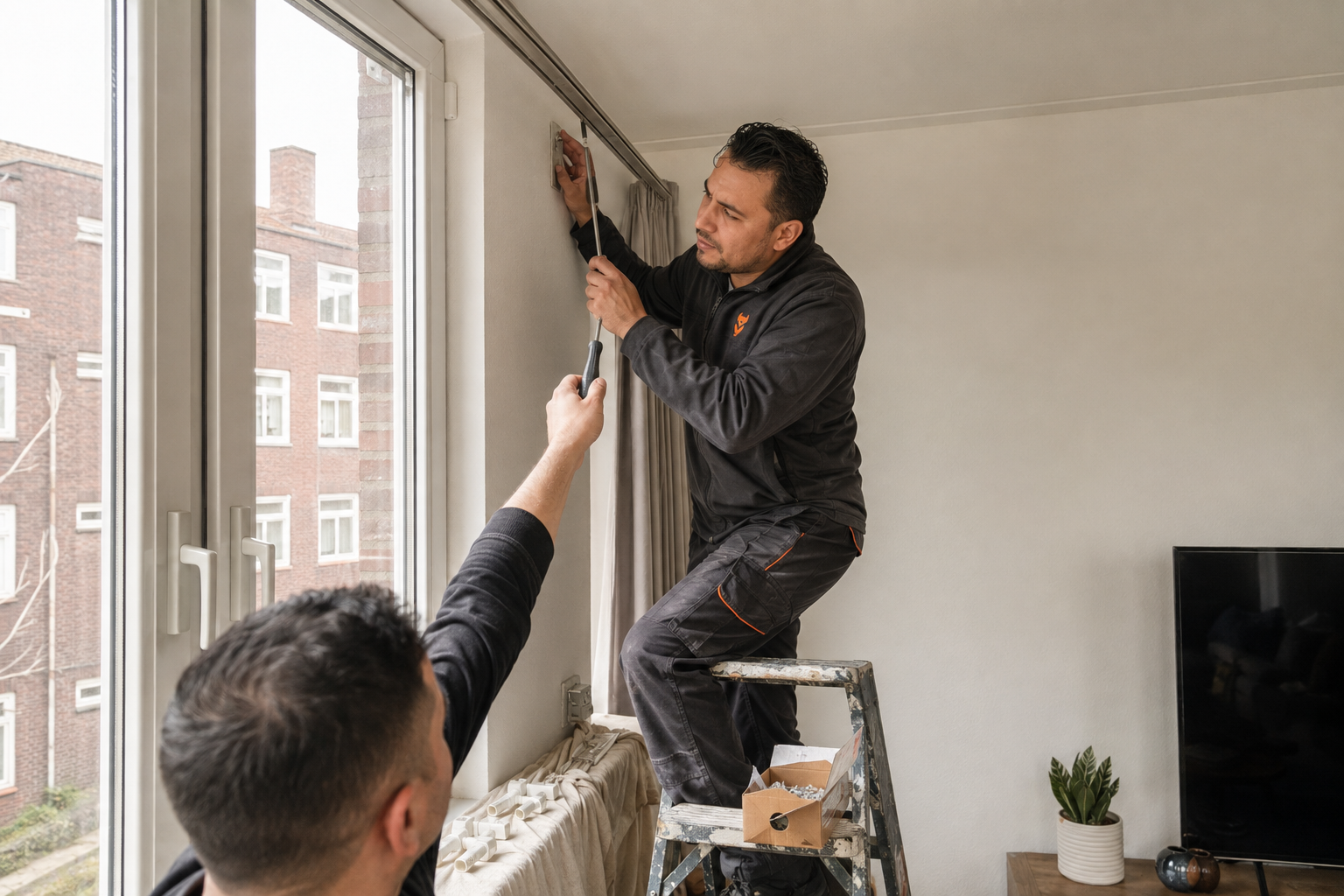 CleverFox-vakman monteert een gordijnrail in een woning
