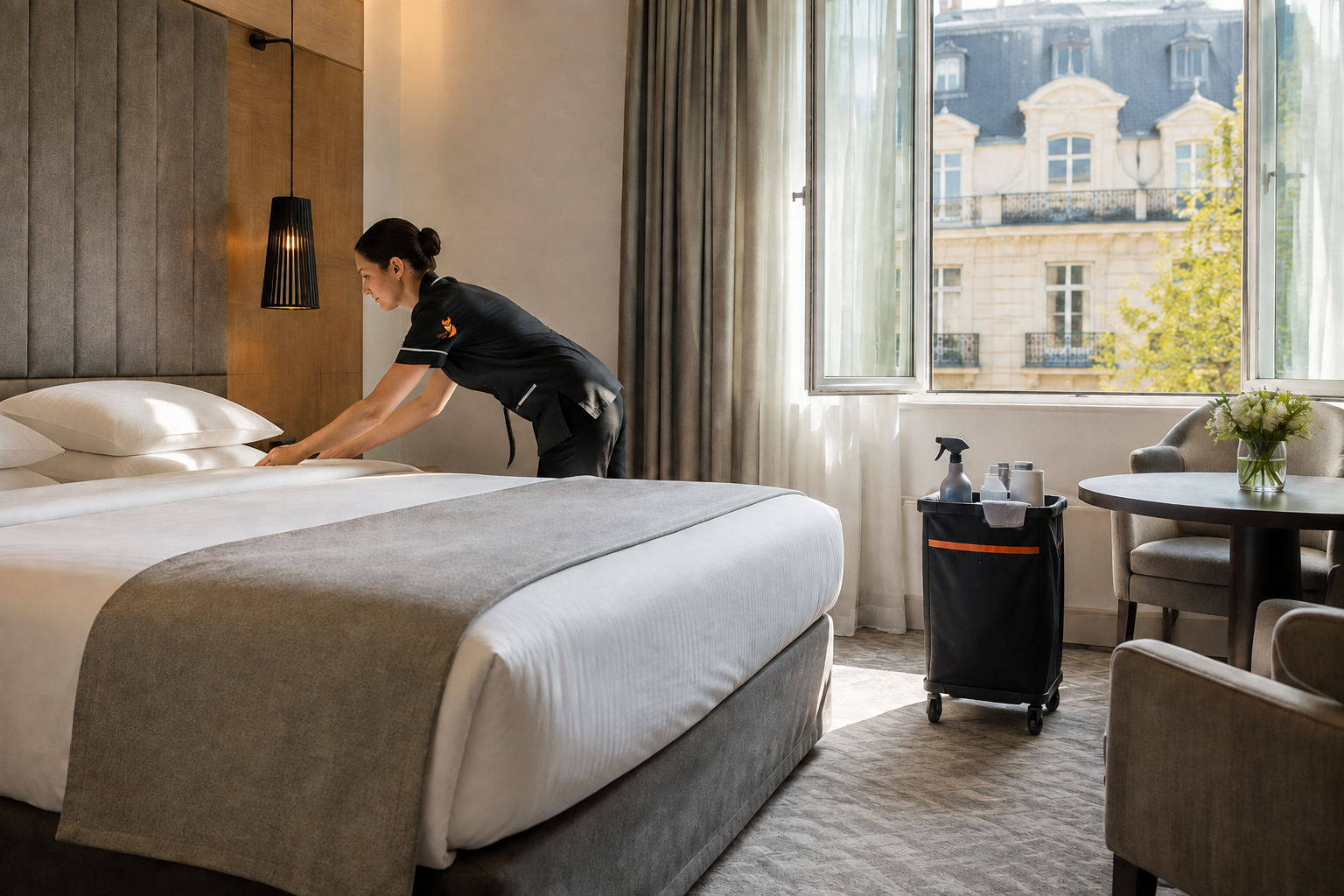 CleverFox-housekeepingmedewerker maakt het bed op in een luxe hotelkamer met schoonmaakwagen naast het raam