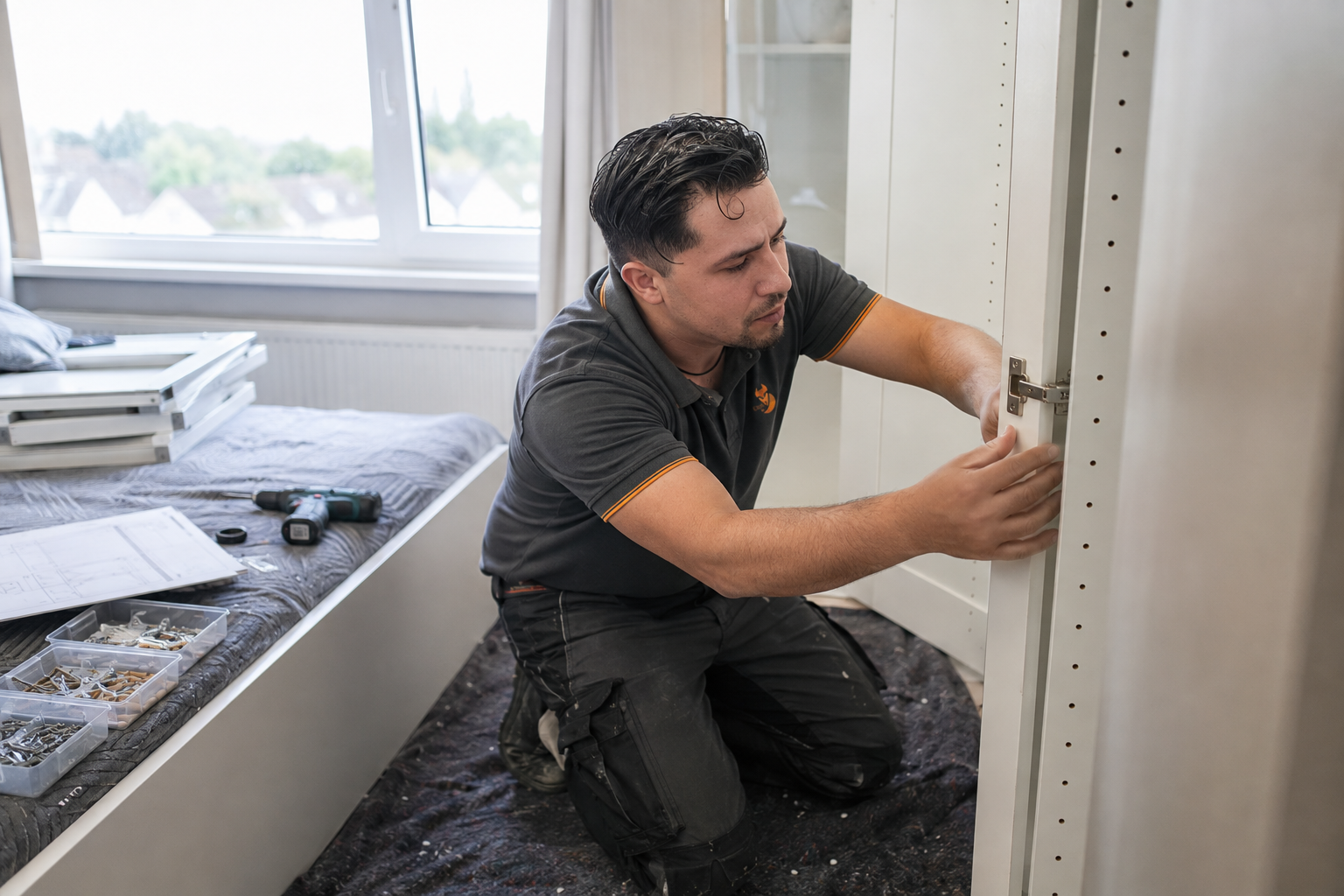 CleverFox-vakman stelt de scharnieren van een kledingkast af